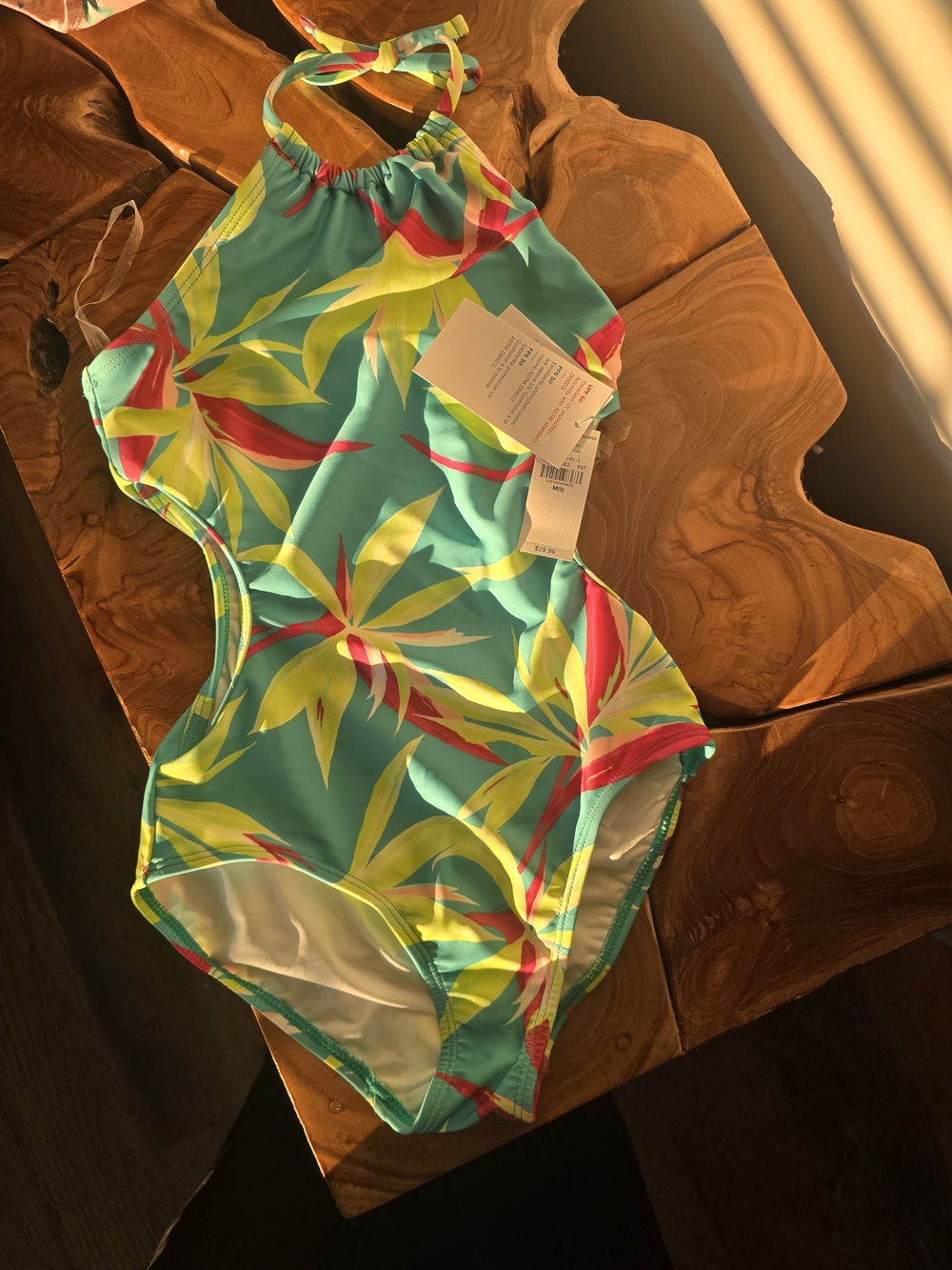 Old Navy Girls' Turquoise Tropical One-Piece Swimsuit with Pink & Lime Leaves